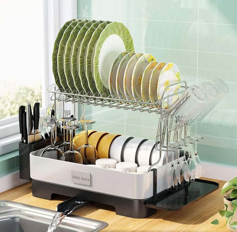 Dish Drying Rack, 2 Tier Large Dish Drying Rack for Kitchen Counter with Drainboard Stainless Steel Dish Drainer for Dish/Knifes/Cup/Cutting Board, Black