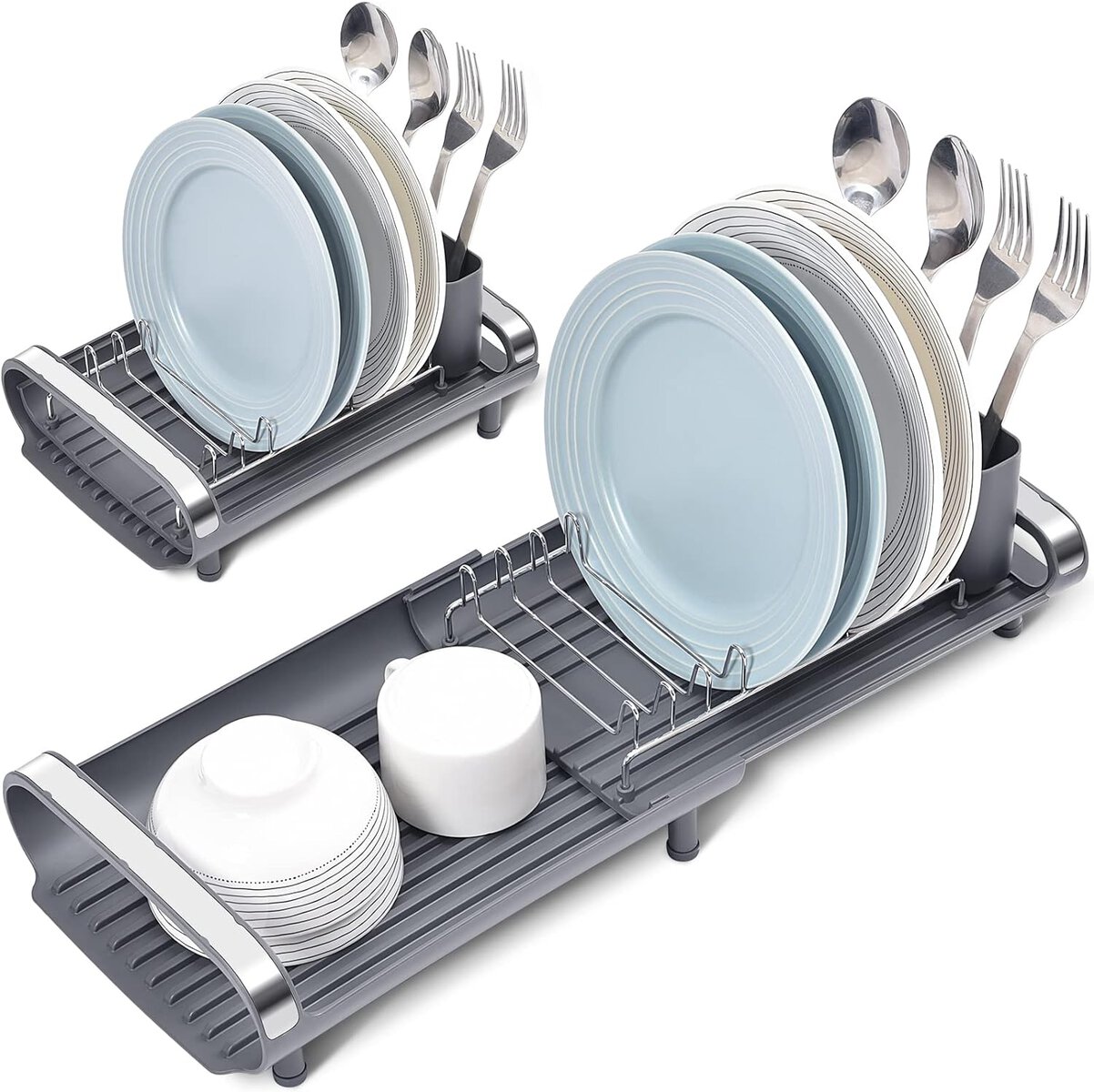 Expandable Dish Rack, Compact Dish Drainer, Stainless Steel Dish Drying Rack with Removable Cutlery Holder, Anti Rust Plate Rack, Small Sink Drainer for Sink or Kitchen Countertop
