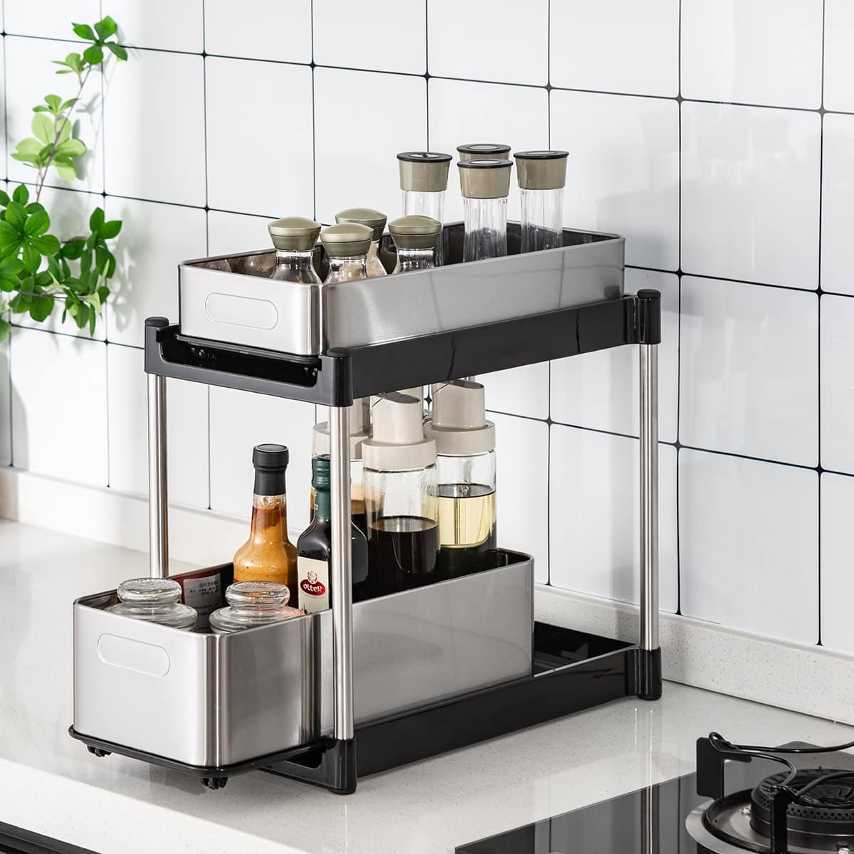 2 Pack Pull Out Cabinet Organizer Slide Out Sink Shelf Cabinet Storage Shelves, Under Sink Storage for Kitchen Bathroom Cabinet