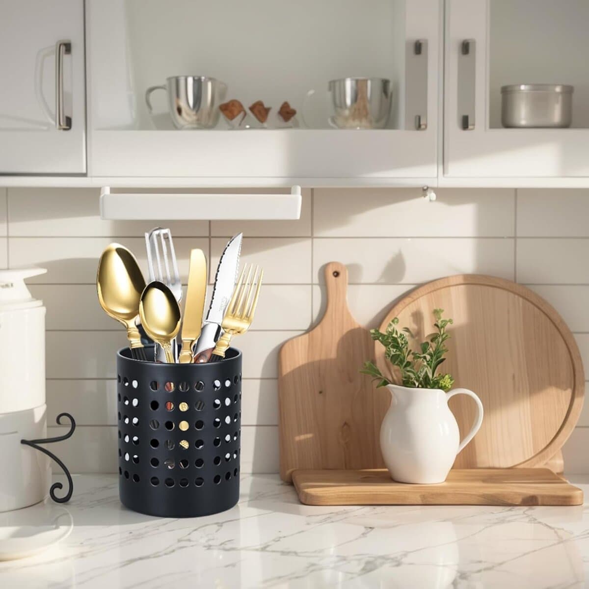 Round Metal Utensil Holder - Caddy & Organizer for Drying Cooking Spoons, Spatulas, and Silverware - Essential Container for Kitchen Countertop